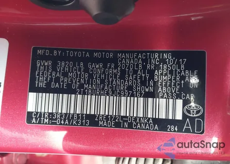 2018 Toyota Corolla Le из США, поврежденный, VIN 2T1BURHE9JC997167